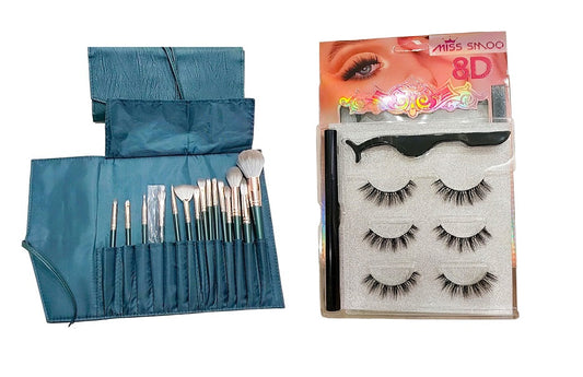 Fourteen Piece Makeup Brush Set Plus Eyeliner Eyelash Kit